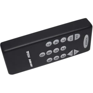 A black remote control shaped stress reliever with numbered buttons and a logo on it.