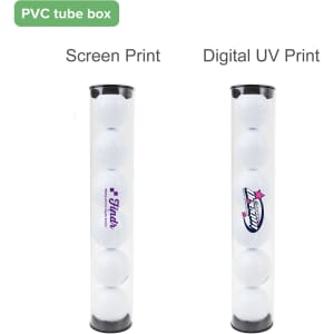 A PVC tube box containing six white golf balls, featuring screen print and digital UV print designs.