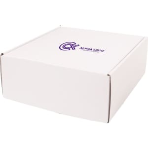 A large white shipper box with a logo printed on the lid.