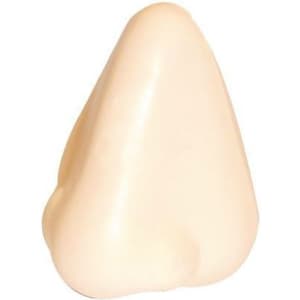 A cream-coloured stress reliever shaped like a nose, featuring a smooth and rounded design. It includes a branding logo.