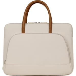 A cream PU handle laptop bag with a zippered outer pocket and brown handles. The bag features a logo.