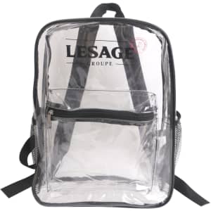 A transparent backpack with black accents and a front zip pocket, featuring adjustable straps and a branding logo.