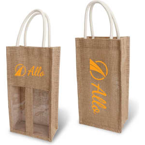 A jute double wine carrier with a transparent window, featuring a beige colour and two sturdy handles.