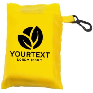 A compact yellow foldaway shopping bag with a clip, featuring a logo on the front.