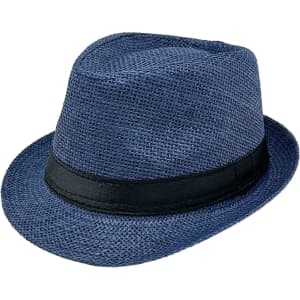 A navy blue straw hat with a black band, featuring a classic fedora style. It has a woven texture.