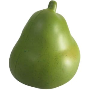 A green pear-shaped stress reliever with a smooth texture and subtle speckled detail. It features a logo.