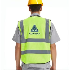 A hi-vis yellow vest with reflective tapes and functional pockets, featuring a logo on the back.