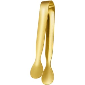 A pair of stainless steel ice tongs in a shiny gold finish, featuring rounded ends and a sleek design.