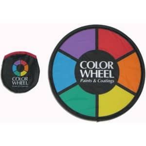 A foldable flyer in vibrant colours, featuring a circular design with multiple colourful segments and a logo.