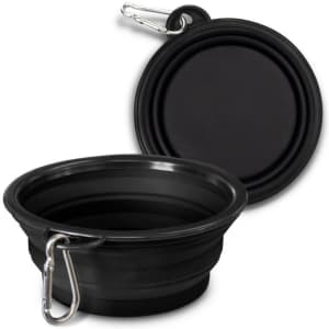 A collapsible silicone pet bowl in black, featuring a carabiner for easy attachment.