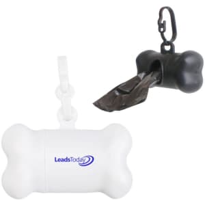 A dog bone-shaped waste bag dispenser in white, with a black hook, containing a roll of waste bags inside.