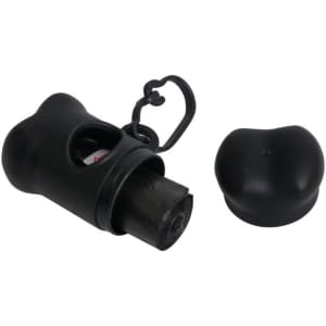 A black dog bone-shaped waste bag dispenser with a removable cap and a clip for attachment.