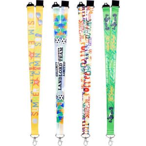 Four colourful RPET lanyards, featuring various patterns and designs, with clips at the bottom for attachments.