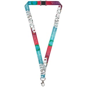 A lanyard in teal and red featuring a pattern of drink bottles and a clip for securing items. It has a logo.