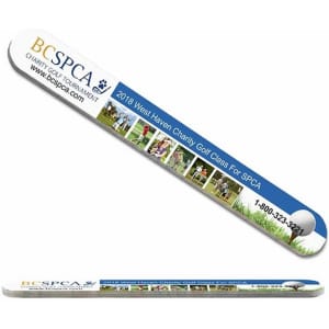 An emery nail file featuring a smooth surface, in a white and grey design, with a logo and imagery of a charity event.