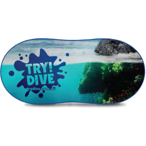 A full colour digital print sunshade featuring a vibrant underwater scene with coral and fish, along with a beach view.