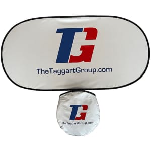 A portable collapsible banner set in white with a logo and red and blue lettering, featuring two sizes.