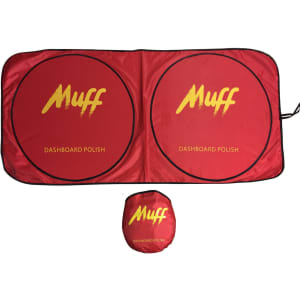 A red sunshade with two circular sections, featuring a logo in the centre and a compact storage pouch.