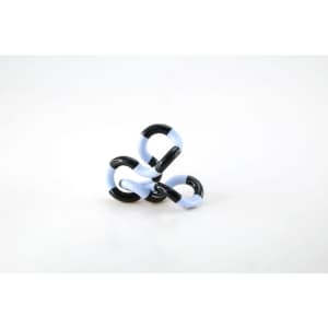 A Tangle toy in black and light blue colours, featuring interlocking segments for manipulation.