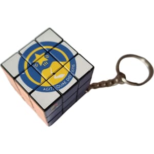 A Rubik's Cube keyring featuring coloured squares and a logo, displayed on a white background.