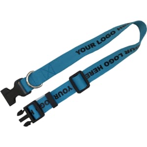 A dog collar in bright blue with adjustable clips and a ring, featuring a space for logo branding.