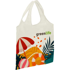 A cream-coloured shopping bag featuring colourful beach-themed graphics and a logo.