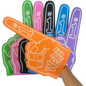 A set of colourful foam fingers in various shades, featuring "#1" and "WE'RE" designs.