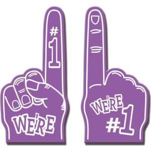 A pair of purple foam fingers, one raised with "#1" and the other featuring "WE'RE #1", both with a playful design.