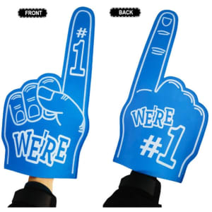 A blue foam finger with '#1' and 'WE'RE #1' printed on both sides. Included is a logo on the finger.