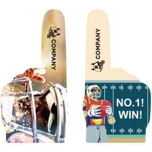 A pair of foam hands featuring a sports player with a helmet and a character holding a football, in vibrant colours.
