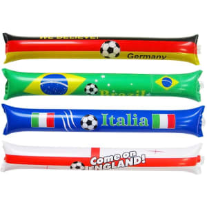 A set of inflatable bang sticks in red, green, blue, and yellow, featuring football designs and country-themed patterns.