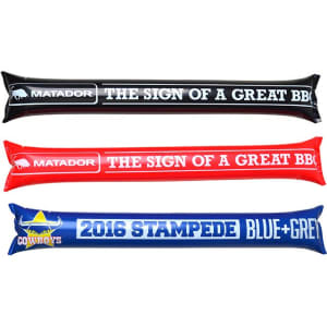 Three inflatable cheer sticks in black, red, and blue with various branding logos.