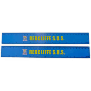 A blue flexi ruler measuring 310 x 40mm, featuring a logo and text in yellow.