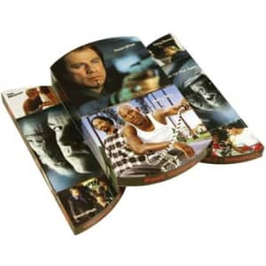 A promotional product featuring a curved, multi-panel display with various images and a logo. Predominantly dark colours.