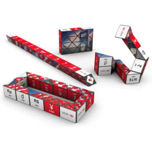 A multi-shaped puzzle product in red, black, and white with various triangular and rectangular segments, featuring a logo.