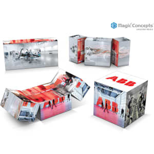 A set of cube-shaped promotional displays featuring images in silver, red, and white, with an embedded logo.