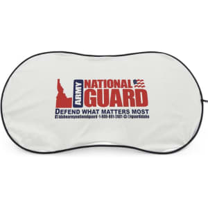 A sunshade in white with black trim, featuring a logo and red text. Ideal for protecting car interiors from sunlight.