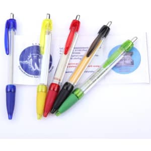 A collection of five plastic pens in blue, yellow, red, black, and green, featuring a transparent barrel and a logo.