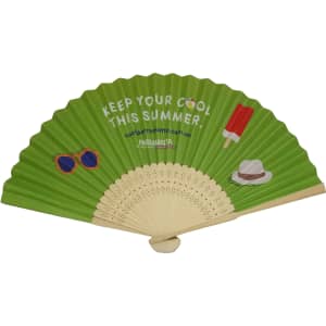 A green bamboo and paper folding fan featuring sunglasses, a hat, and a popsicle design with a logo.