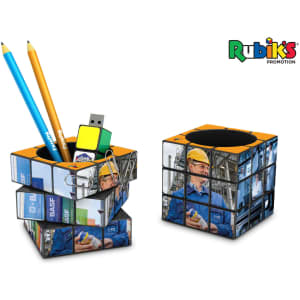 A Rubik's Pen Pot in orange, featuring a cubic design with images and various office supplies, including pencils and a USB.