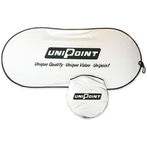 A white auto car sunshade with a logo, featuring a round foldable design for easy storage.
