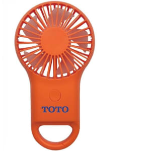 An orange mini fan with a handle features a circular design and an embedded logo.