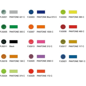 A collection of colour swatches with various shades, labelled with Pantone numbers and corresponding codes.
