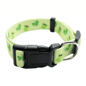 A 25mm dog collar featuring a full colour print with green leaves on a light green background, equipped with a black buckle and metal ring.