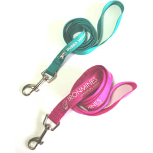 Two dog leads, one teal with a logo and the other pink with branding, both measuring 25mm in width.