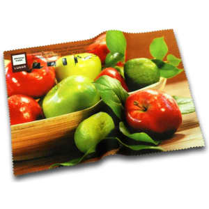 A microfibre cleaning cloth featuring a vibrant design of red and green apples and limes, with a logo present.