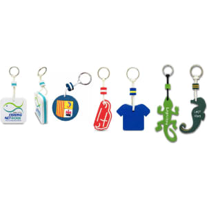 A collection of colourful EVA keyrings in various shapes, with a metal keyring attachment.