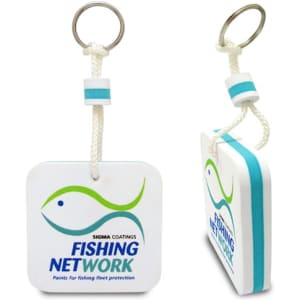 A white square keyring with a blue stripe and a logo, featuring a fish design and a cord for attachment.