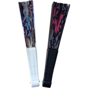 A folding fan featuring a mix of white, pink, and black patterns, with a logo on one side.
