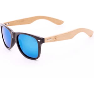 Fashion sunglasses with black frames and blue lenses, featuring bamboo arms. Includes a logo on one arm.